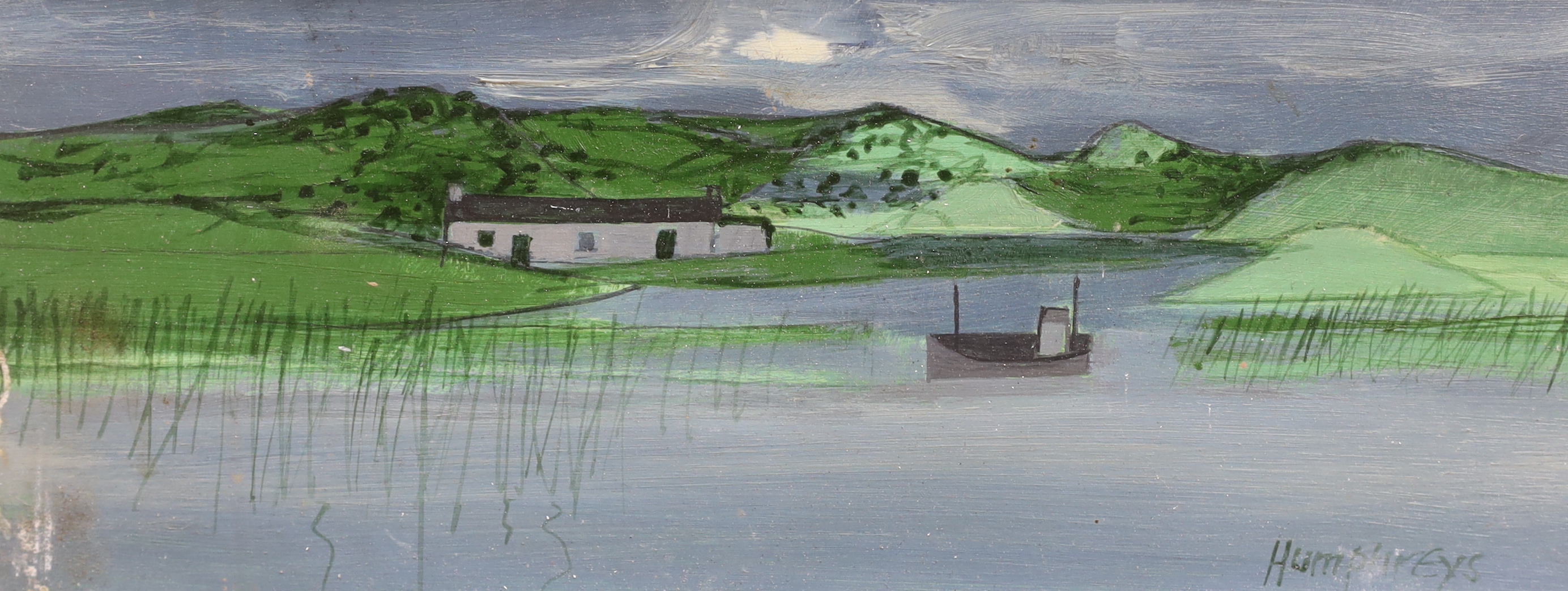 David Humphreys (b.1937), three oil on boards, Cottage and outbuildings, River landscape and Marshland, each signed, the largest 44cm x 14cm